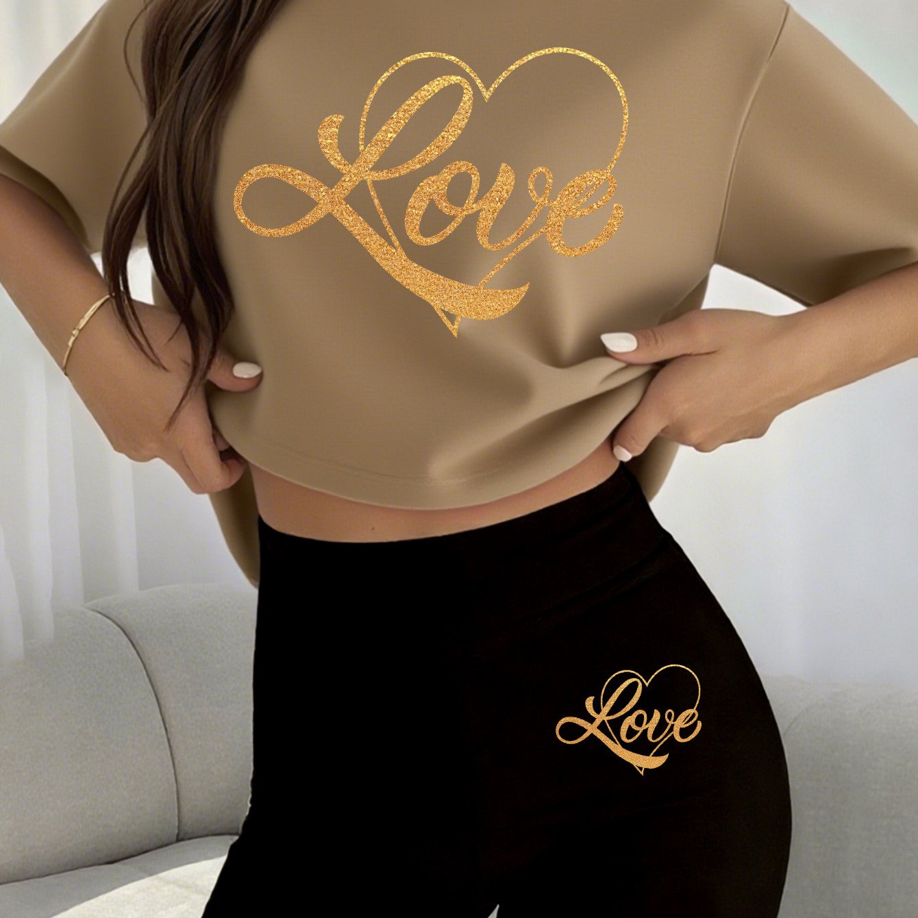 TEMU Women's T-shirt And Fitted Shorts Set, Featuring A Trendy Golden Printed Design, Round Neck Short-sleeve T-shirt, And Elastic Waist Shorts,