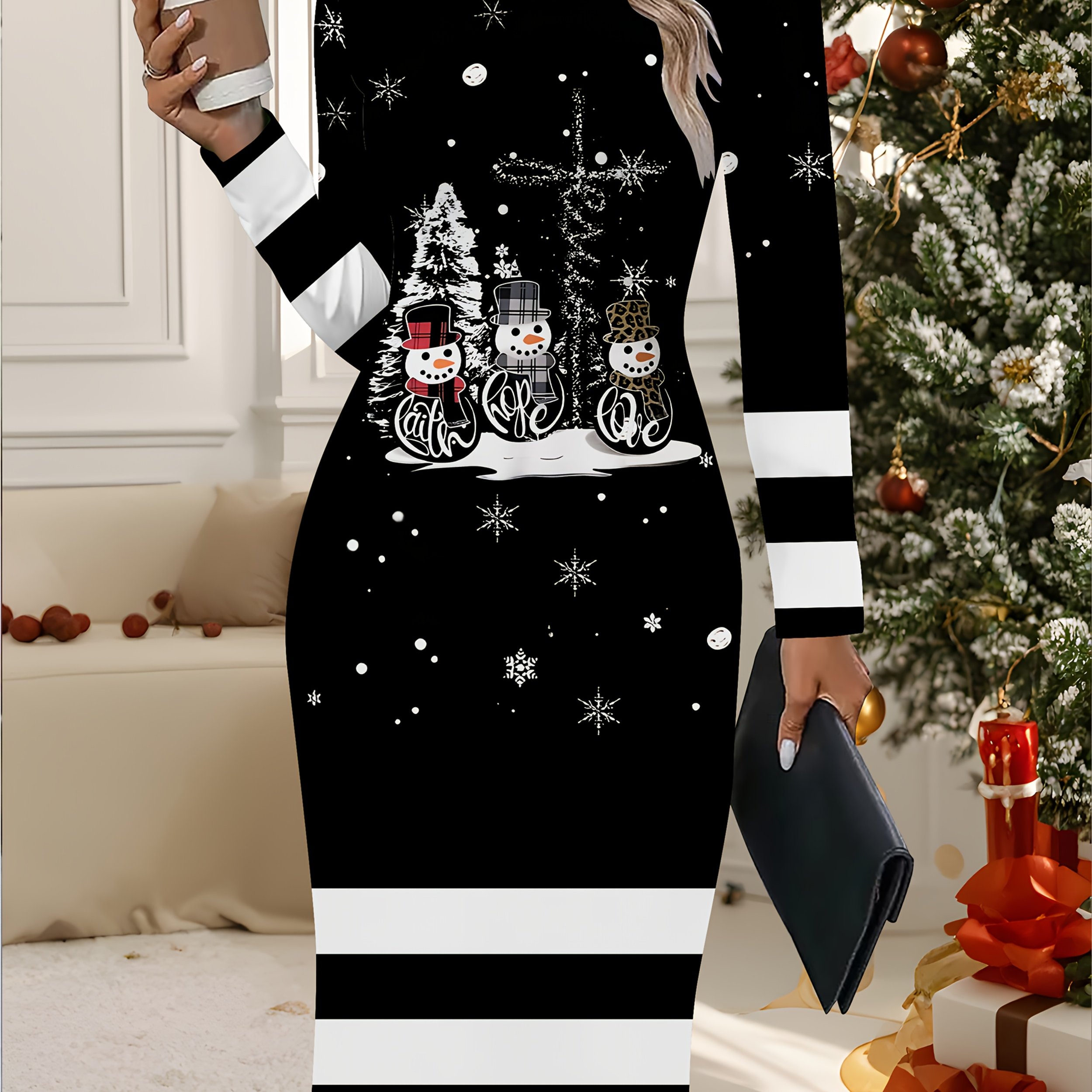 Image of Women's Fashion Casual Christmas Long-sleeve Dress With 3 Snowmen In Snowflakes Print