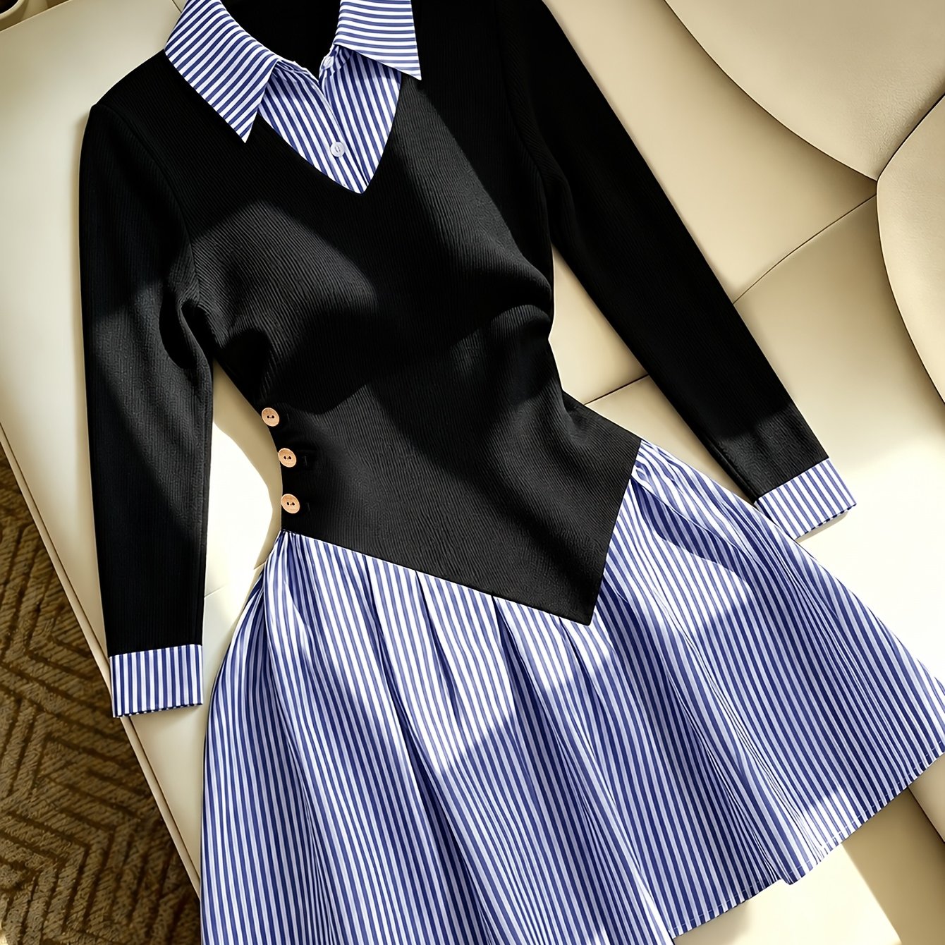 TEMU Women's Elegant Ribbed Blouse Collar, Black Elastic Ribbed Waist A-line Long Sleeve Mini Dress, Party Dress, Elegant Party Dress, Beach Dress
