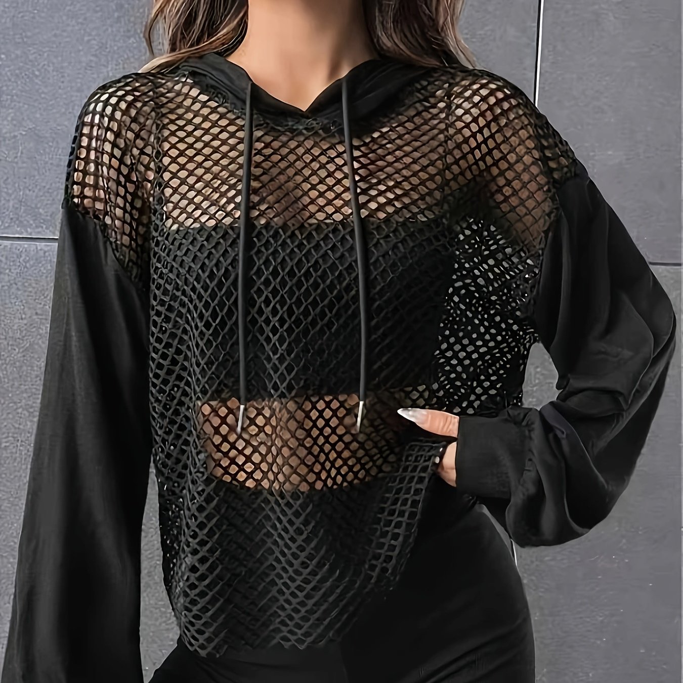 TEMU 1pc Women' Hoodie, Featuring Large Grid Mesh Paneling For And A Semi-sheer Effect. The Sleeves And Hood Trim Are Made Of Solid Black Fabric, A