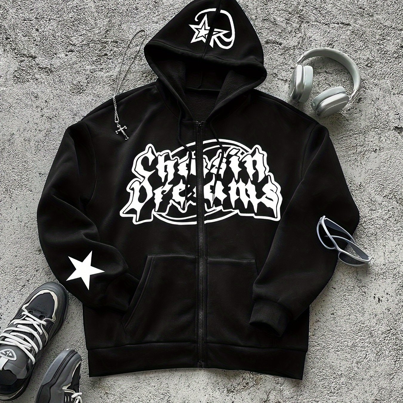 TEMU Gilet à capuche imprimé de lettres, sweat à capuche décontracté et tendance, coupe régulière avec cordon de serrage et poches, idéal pour les