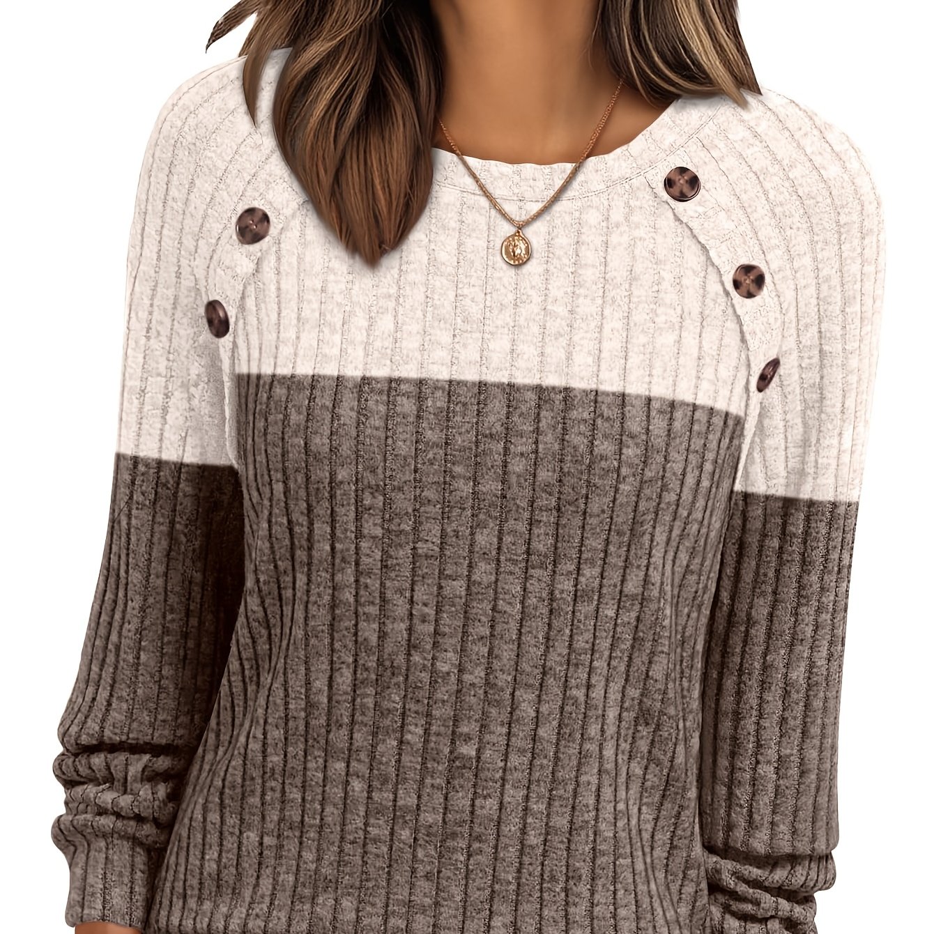 TEMU Women's Comfortable Top, Elegant Casual Button-up Basic Shirt, Fashionable Loose Fit Round Neck Long Sleeve Pullover