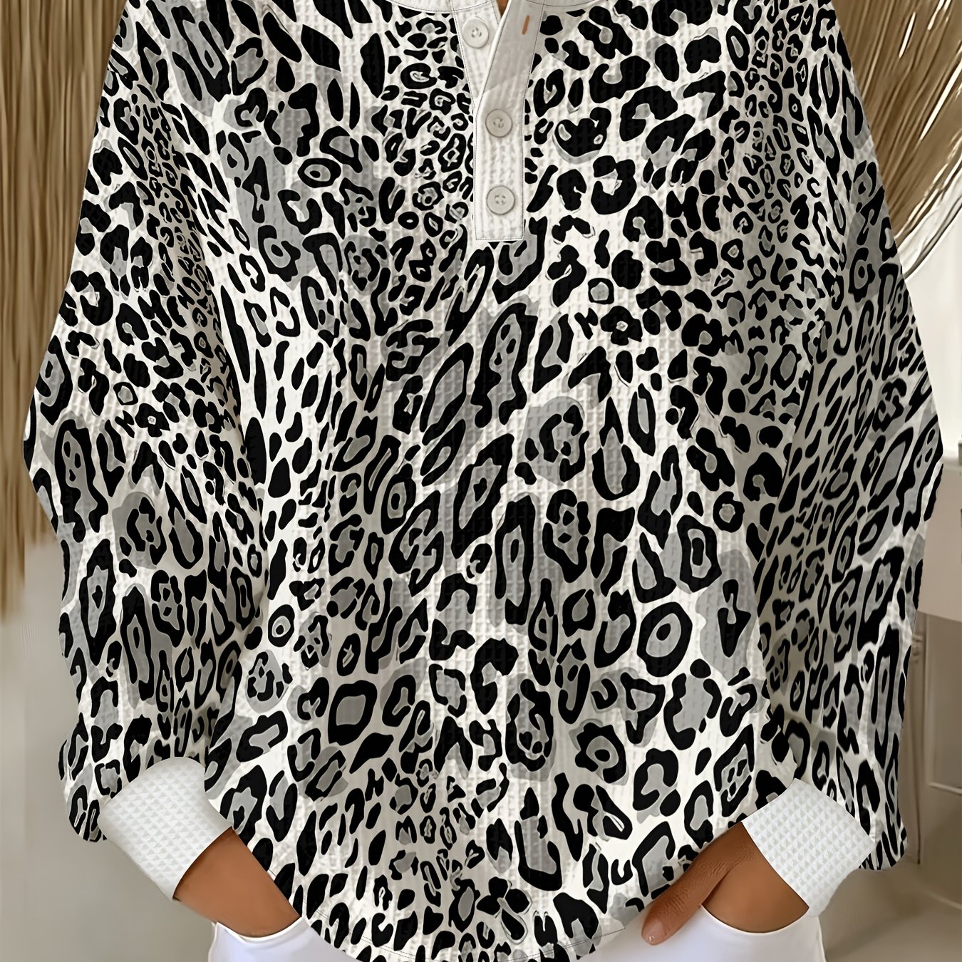 TEMU Women's Waffle Henley Collar Button-up Long Sleeve Pullover In Black, White, And Gray Leopard Print