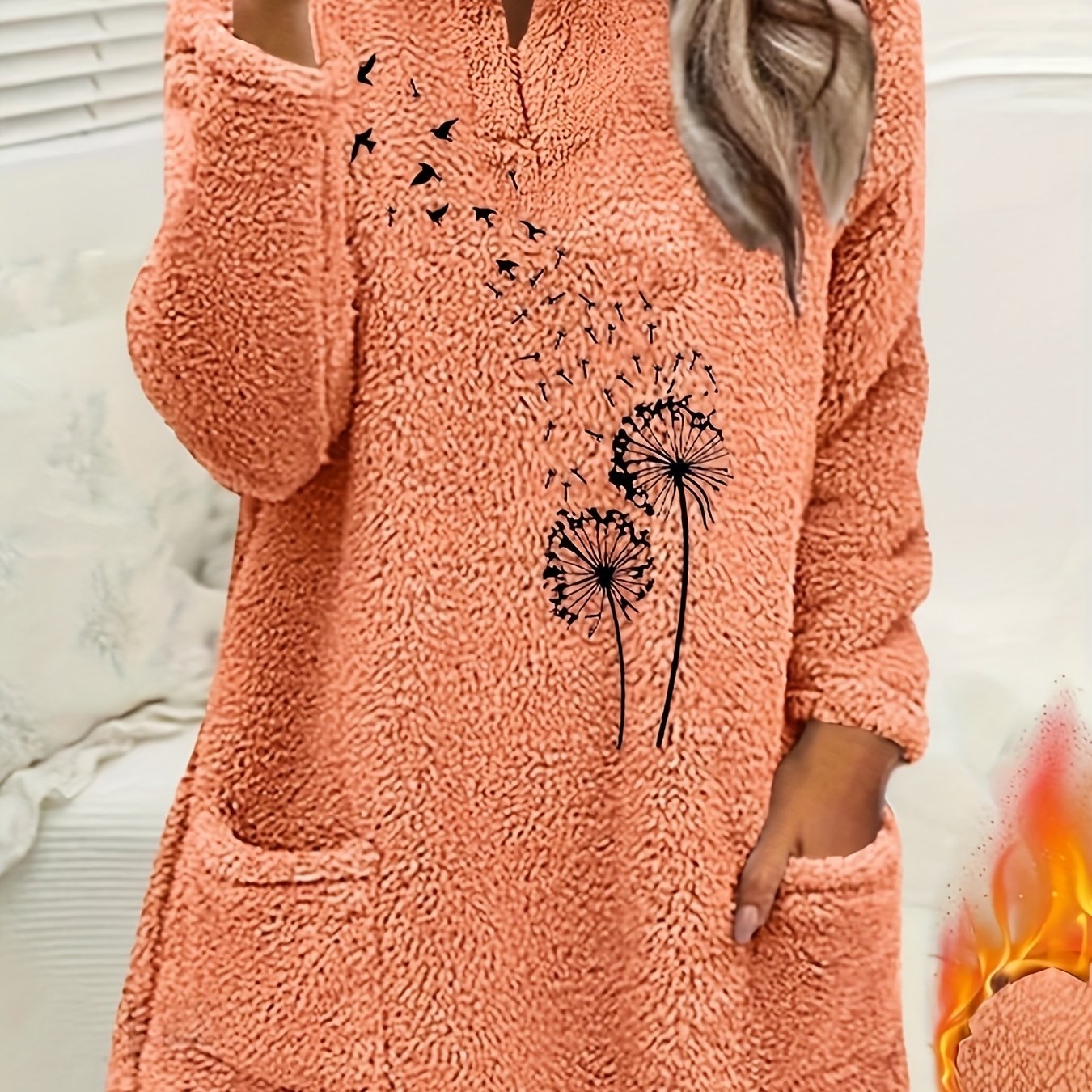 Image of Autumn Winter Women's New Comfortable Casual Plush Fleece Long Sleeve V-neck Pullover Dandelion Print Double Pocket Sweatshirt