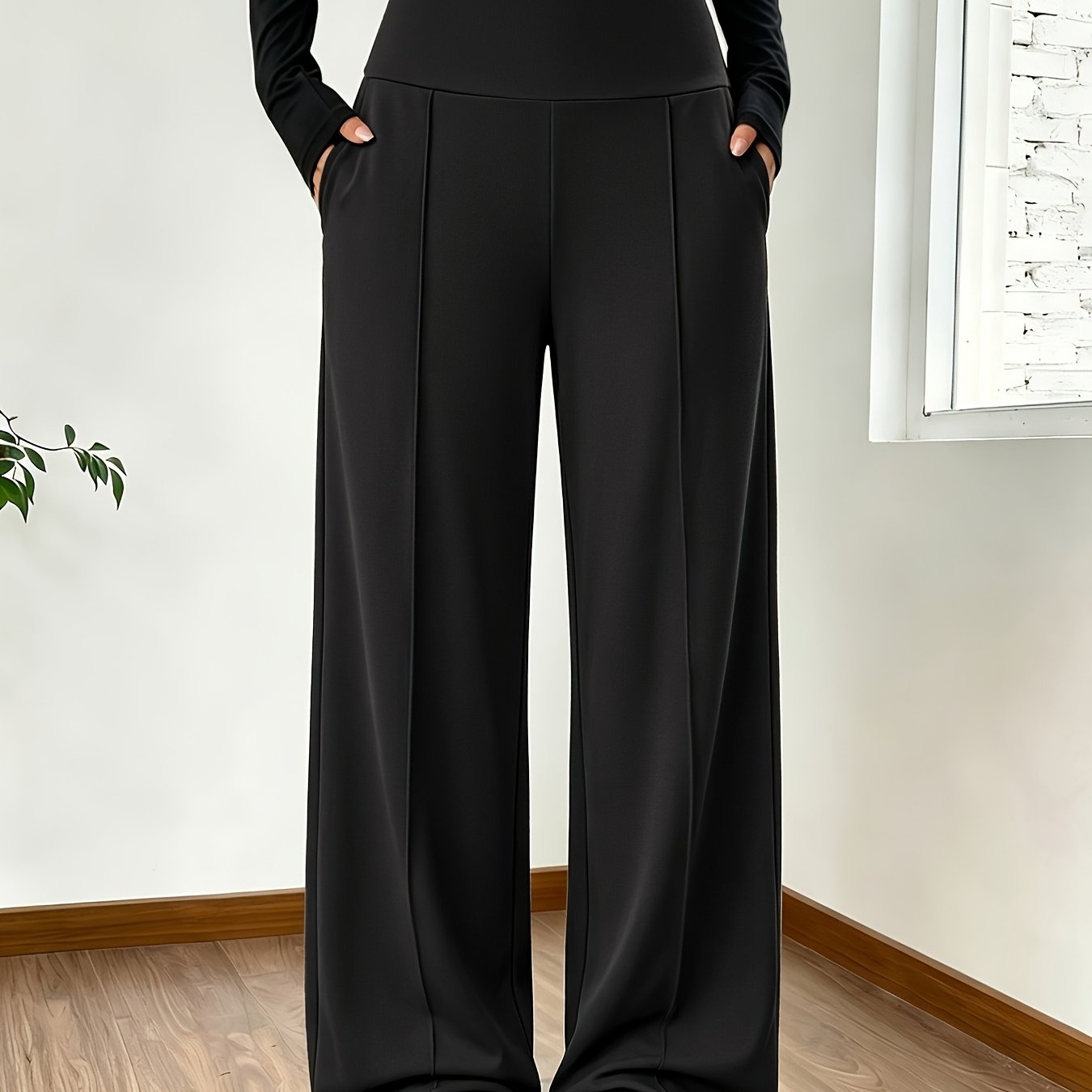 TEMU 1pc Women's European/ High-waisted Wide-leg Pants With Pockets, Loose Fit Casual Bottoms, Smooth Fabric Suitable For High-waisted Straight-leg