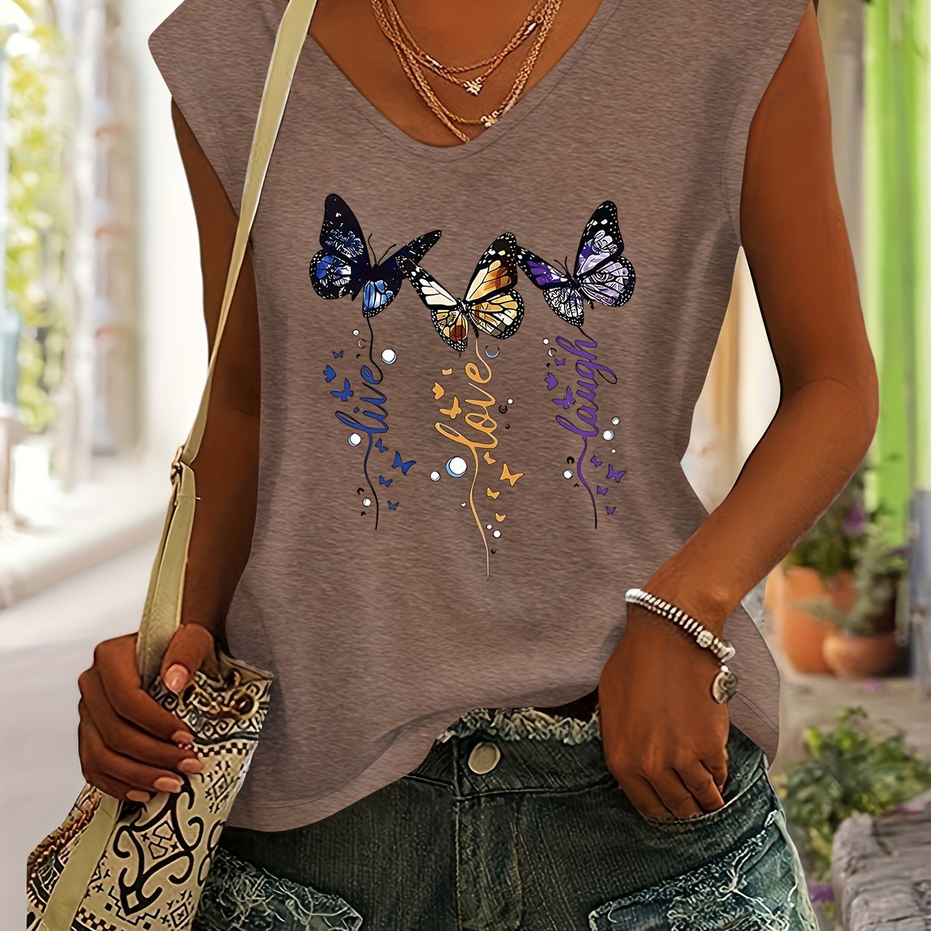 TEMU Life " Illustration Print Women's Spring/summer Top, Daily Comfortable Simple Casual Fashion Versatile Vest-style Colored V-neck Seamless