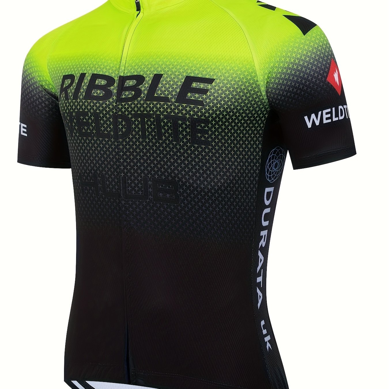 Image of Men's Cycling Jersey With Fluorescent Green And Black Gradient Mesh Letter Print, -friendly Short Sleeve Top Outdoor Mountain And Road Bike Riding