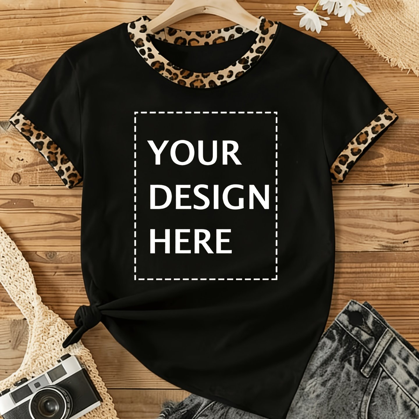 TEMU 10# [] Elegant Leopard Print Collar Short Sleeve, Personalized Fashion, Spring Summer, Machine Washable T-shirt, Customizable Printed T-shirt,