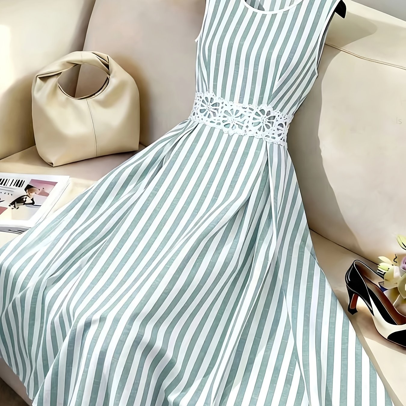 TEMU Women's Spliced Fabric Hollow Lace Decorative Belt A-line Mid-length Sleeveless Striped Dress