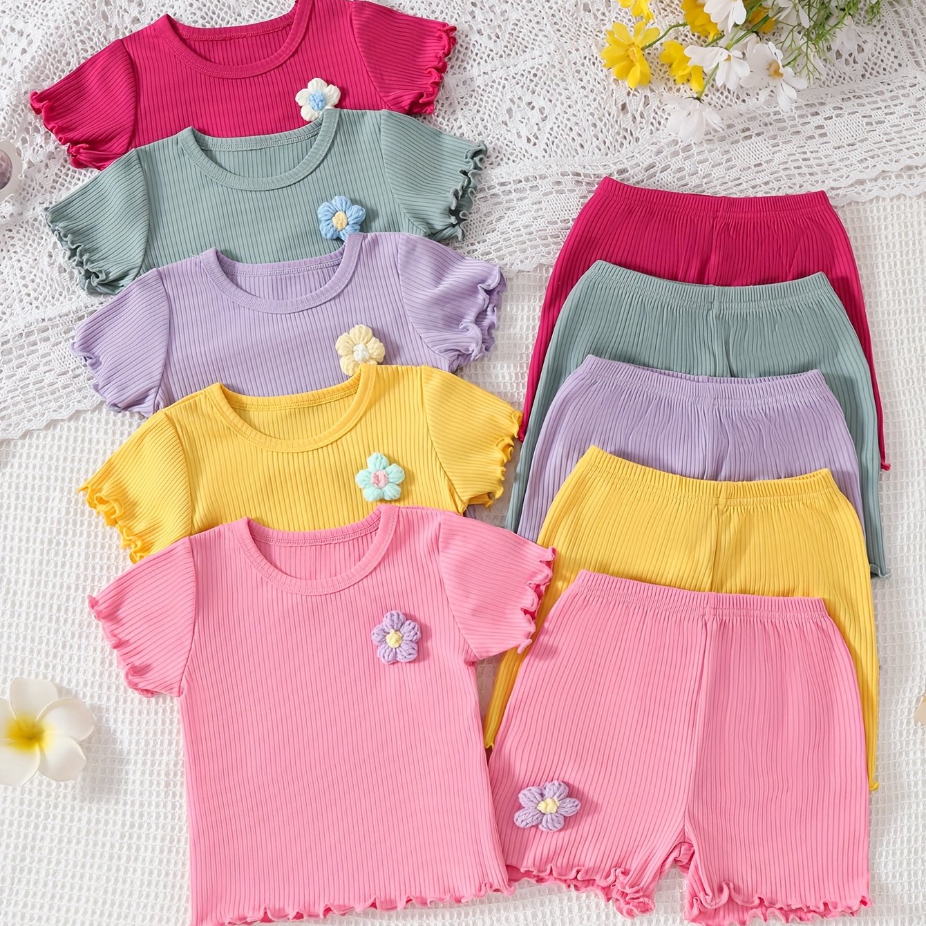 A 10pcs Summer Outfit For Featuring A T-shirt And Shorts Made From Fiber, With Vertical Stripes, Lace Cuffs, And Wavy Flower Embroidery In A Solid Color, For Outdoor, Newborn/toddler Necessities