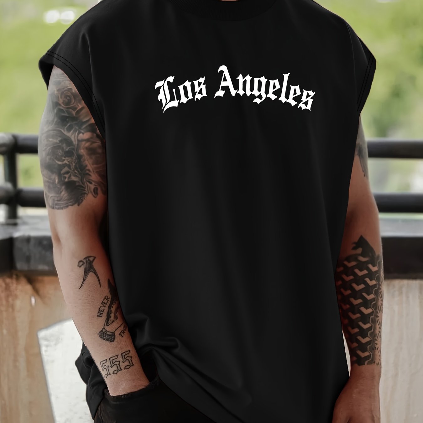 TEMU Men' Los Angeles Gothic Font Print Sleeveless Vest - Loose Fit Round Neck Casual Sportswear Top With, Machine Washable Suitable For Gym, Casual