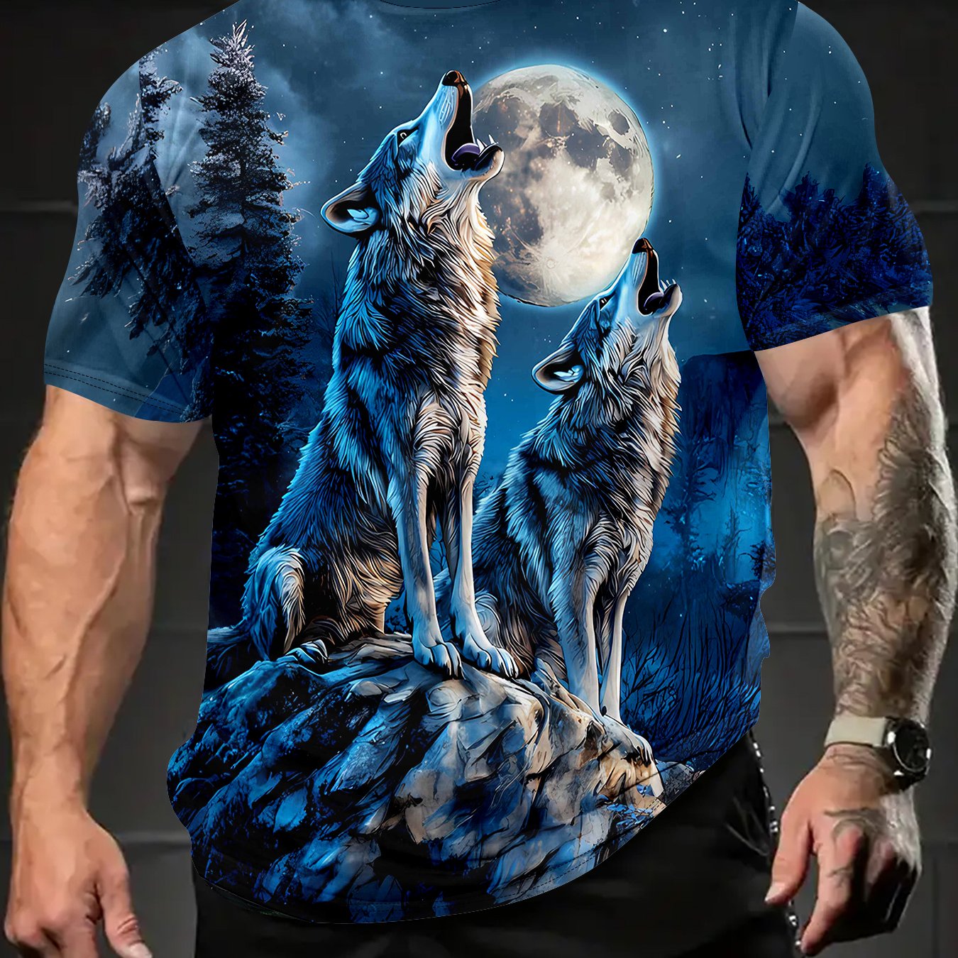 TEMU Men's 3d Wolf At Moon Print Round Neck T-shirt – Casual Summer Outdoor Wear, Breathable And Comfortable For Running, Gym, Or Home Relaxation,