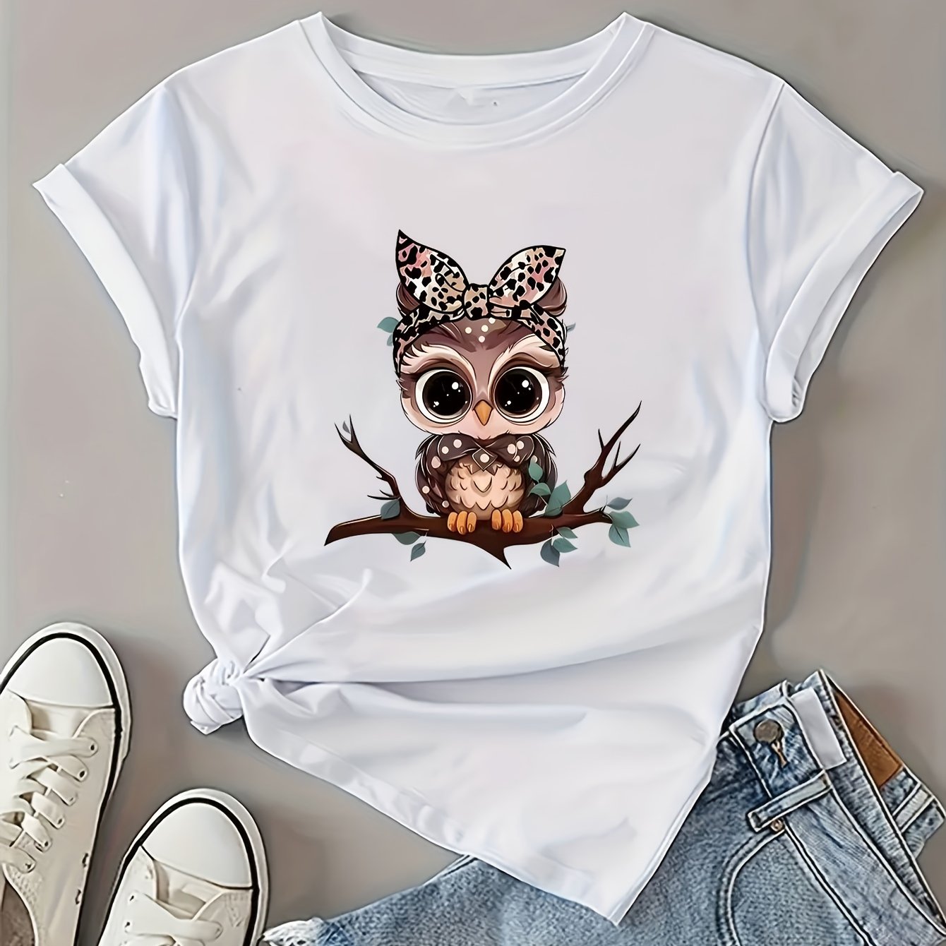 TEMU Cartoon Owl Print Round Neck Short Sleeve T-shirt Spring Summer Casual Top
