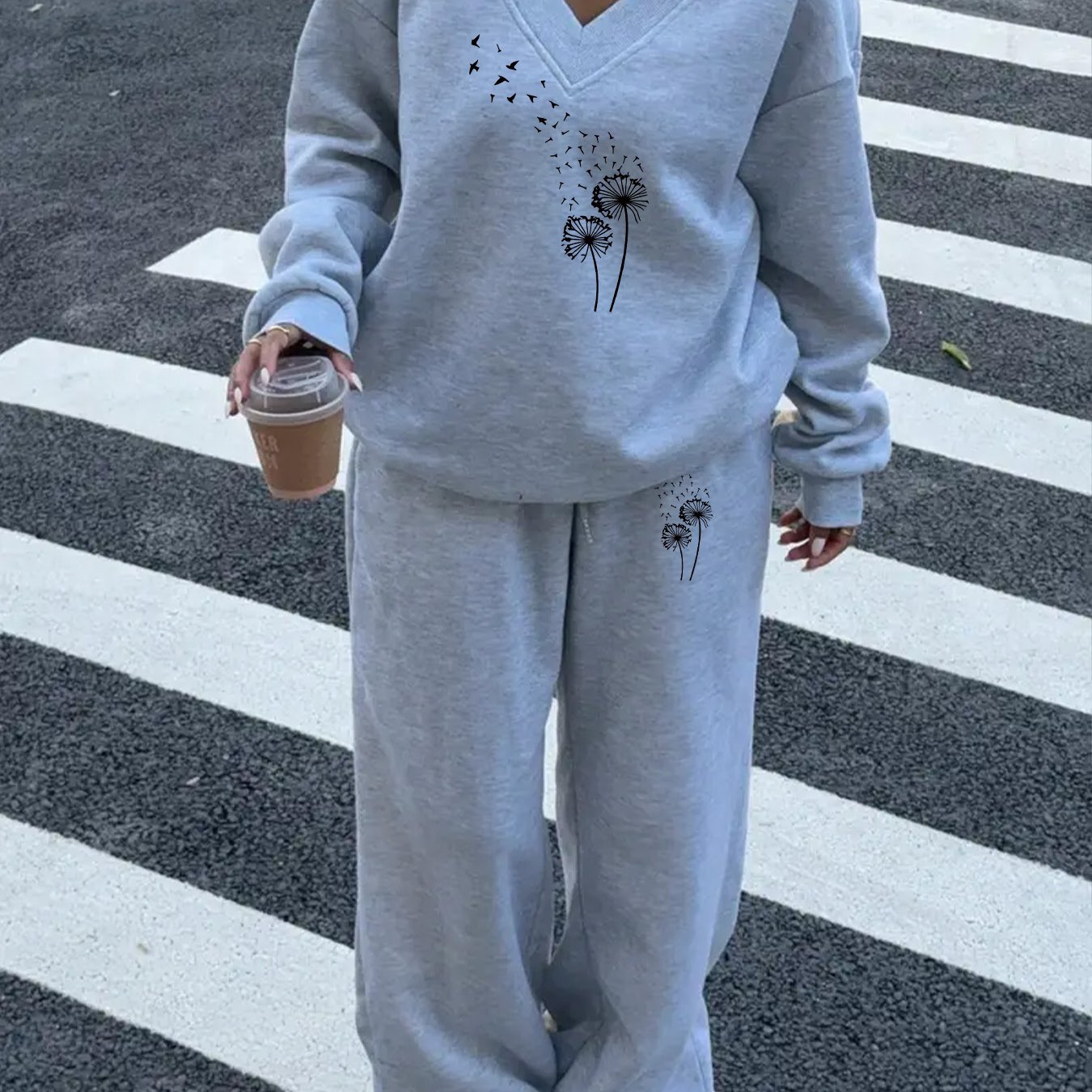 TEMU Plus Size Women's Casual V-neck Sweatshirt And Sweatpants Set, New Unique Dandelion Print Ii 527