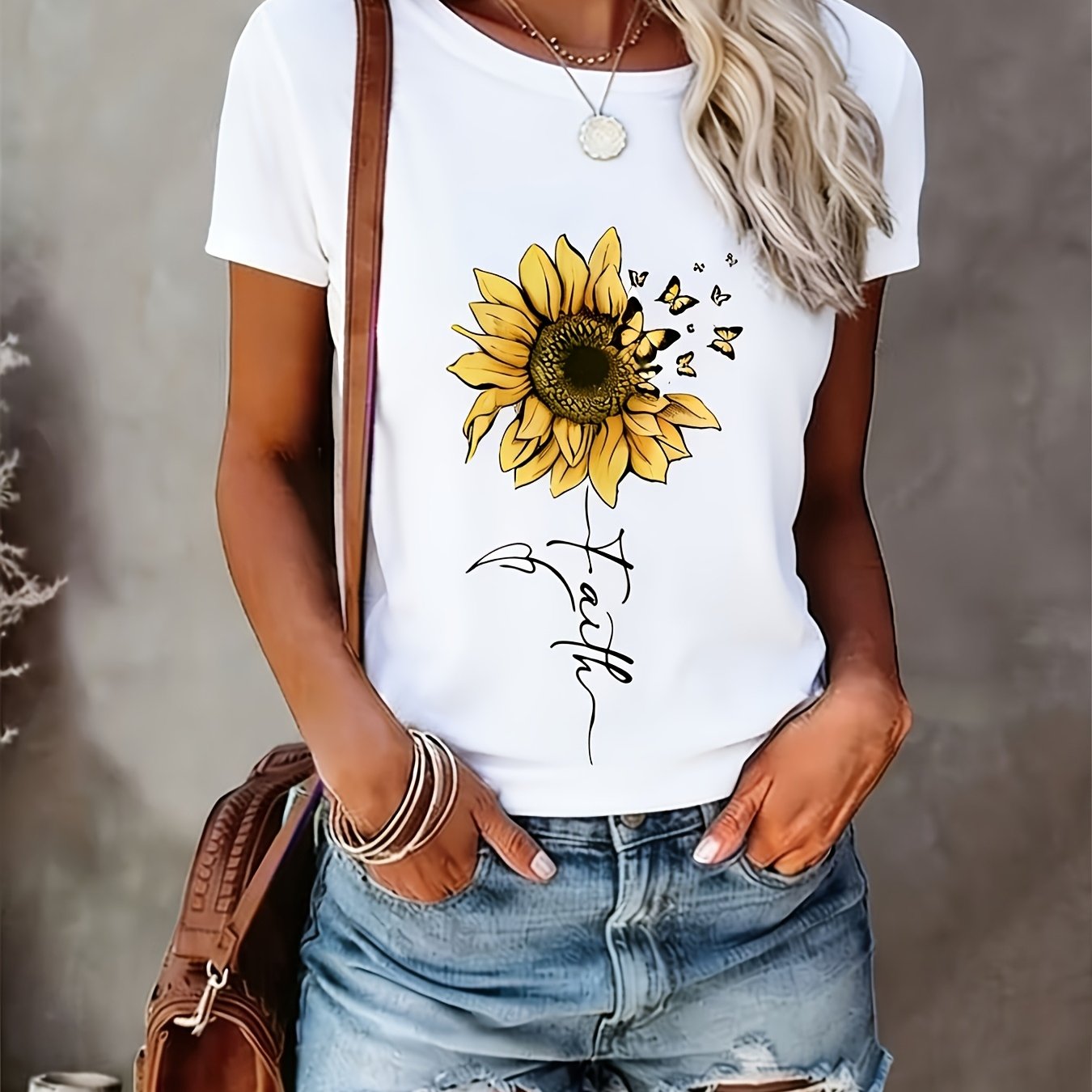 TEMU Women's Retro Korean Style Sunflower & T-shirt - Short Sleeve Round Neck Blouse Suitable For Warm Weather, Lightweight Breathable -, Machine