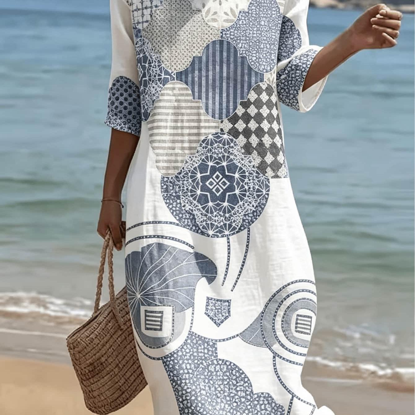 Image of Plus Size, Plus Size Print Dress For Women, Casual 3/4 Sleeve Round Neck Loose Dress, Ethnic Style Lightweight Summer Midi Dress