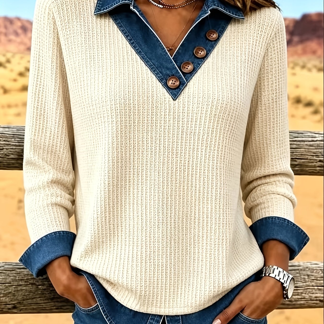 TEMU Women's Waffle Shirt, Bohemian Style, Suitable For Casual Vacation Wear, Long Sleeve Design, Ideal For Daily And Festive Occasions, Available In