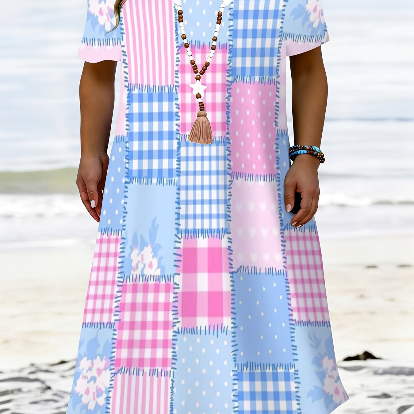 Casual Summer Beach Outfit For Women Featuring A Gingham Floral T-shirt Dress