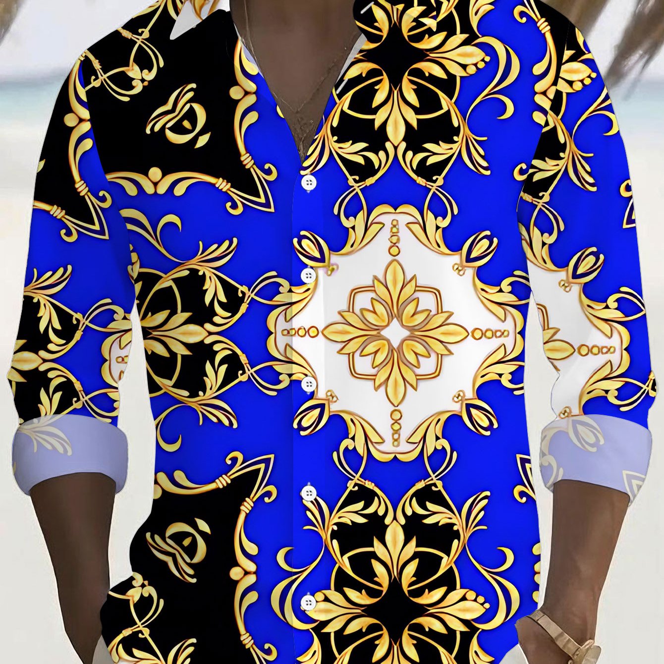 TEMU Comfortable And Versatile Men's Plus-size Long-sleeve Shirt, Party Clubwear, Shirt, Blue-golden Floral Pattern, Stylish And Elegant, Machine
