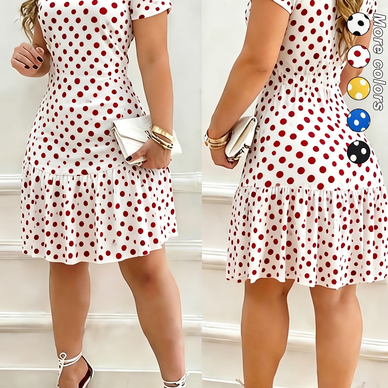 Image of Women's Dress, Retro Polka Dot Print, Elegant Style, Round Neck, Short Sleeves, Cinched Waist, Hem, A-line Midi Skirt, Vacation Wear