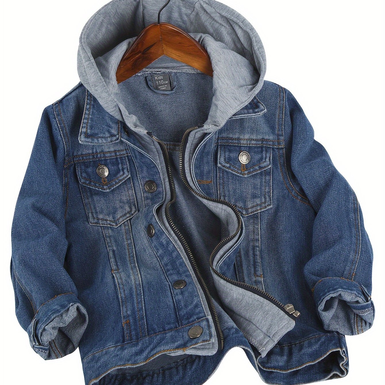 TEMU Kid Boys Jean Jacket Hooded Denim Casual  Zipper Outerwear Coat 100cm-150cm