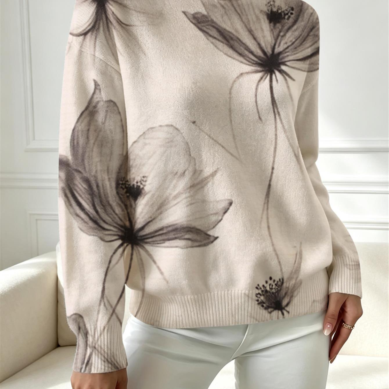 Image of Women' Soft Botanical Sweater - Mock Neck Top With Print, Cozy Full-body Monochrome -compatible For Suitable For Office, Commuting & Layering, Machine Washable Long Sleeve Winter Sweater