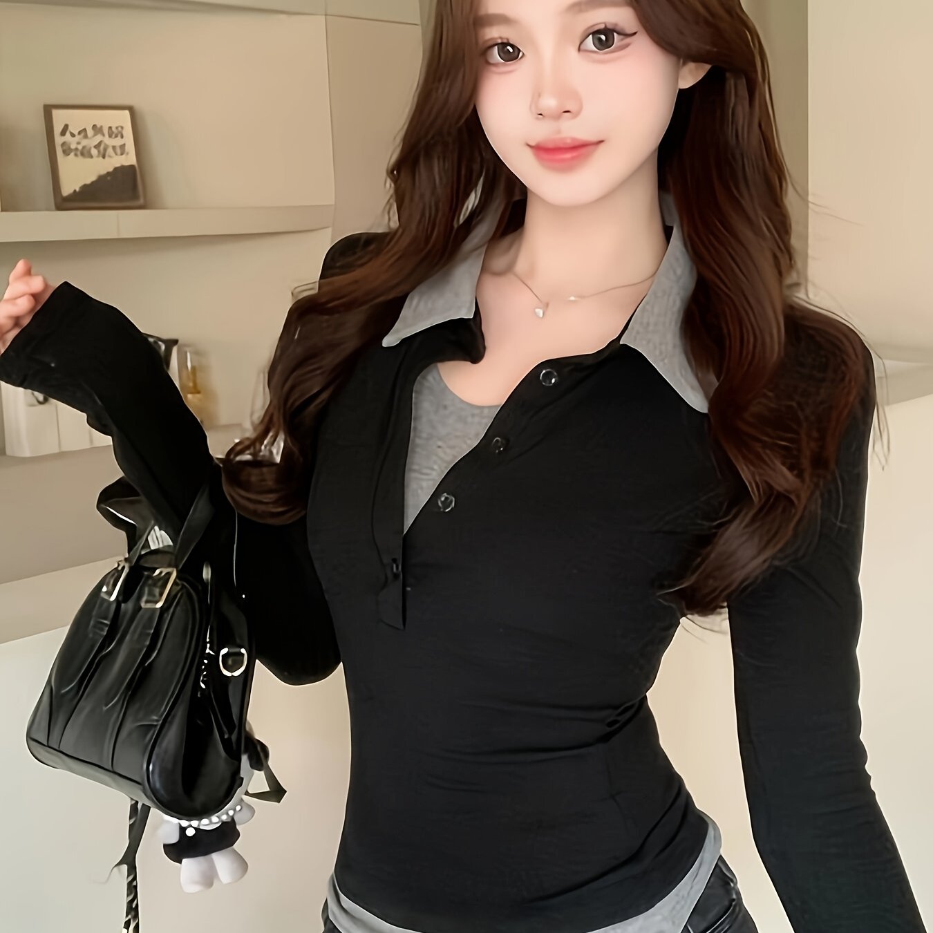 TEMU 2025 Two-piece Contrast Collar Long Sleeve T-shirt Slim Fit Versatile Design Sense Base Layer