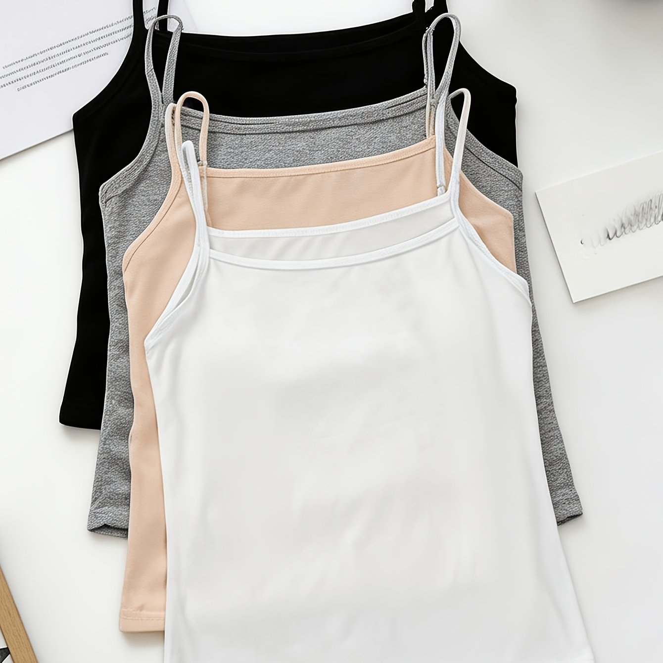 TEMU 4pcs Set Spring/summer Black And White Camisole Tops, Simple Solid Color Sleeveless Outerwear, Korean Style Base Layers For Inner Wear, For