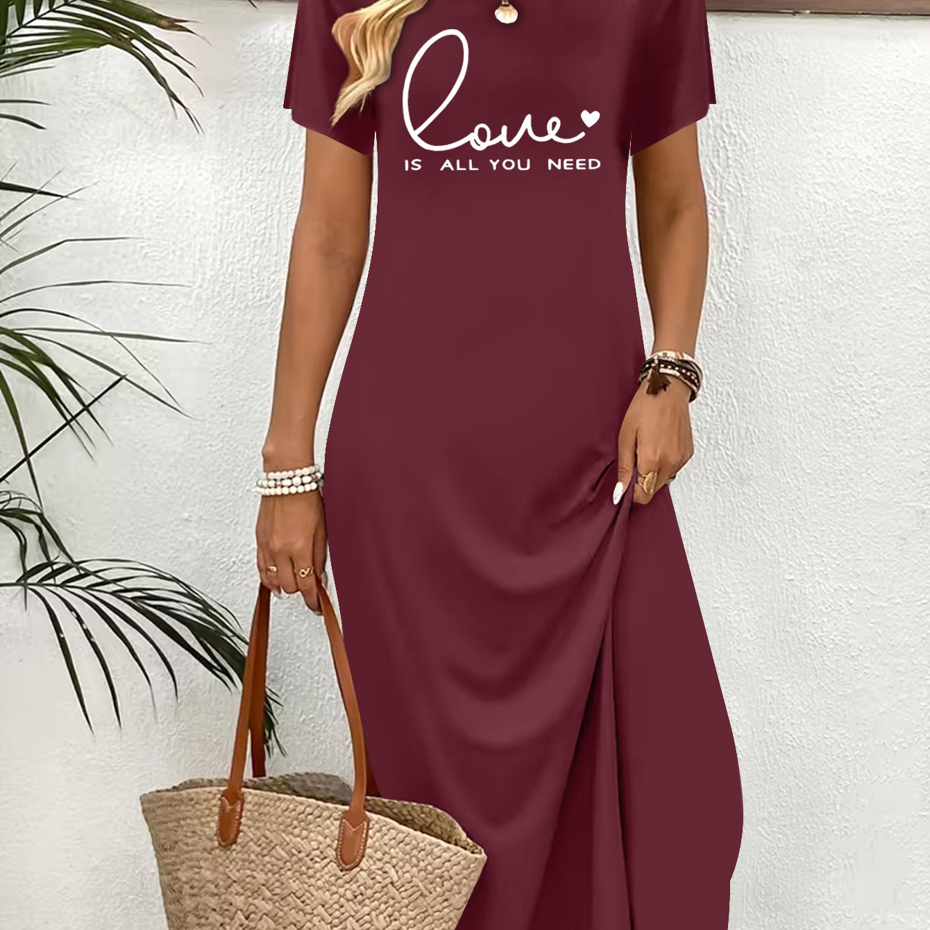 TEMU Women's Summer Maxi Dress - Short Sleeve Round Neck -line Dress With Letter Print, Soft Breathable Midi-to-maxi Length Suitable For Beach