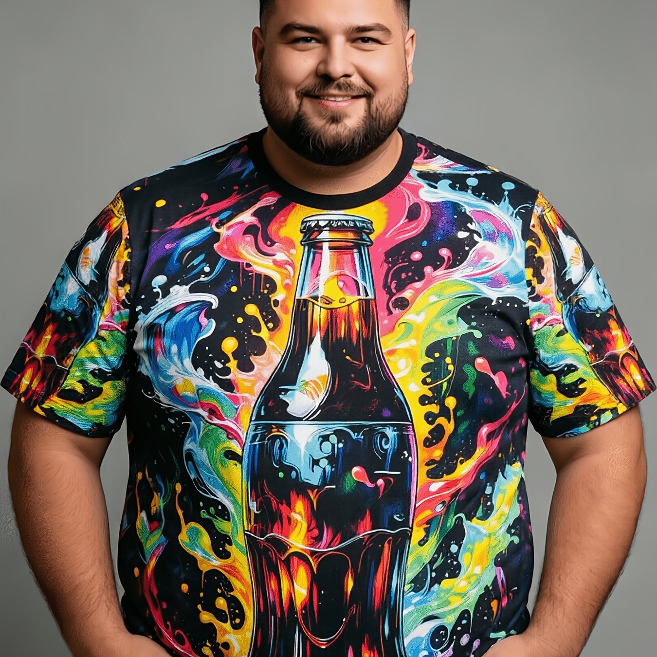 TEMU Men's Plus Size All Neon Graphic T-shirt, , Men's Plus Size Trendy Graphic T-shirt, Summer Streetwear Outdoor Casual Top, Fashionable Machine