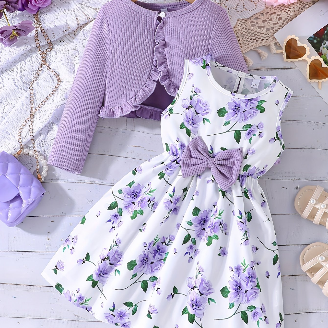 TEMU 1 Set Girls Outfit Bow Sleeveless Dress + Ruffle Long Cardigan - Fashion & 2pcs /fall Clothes