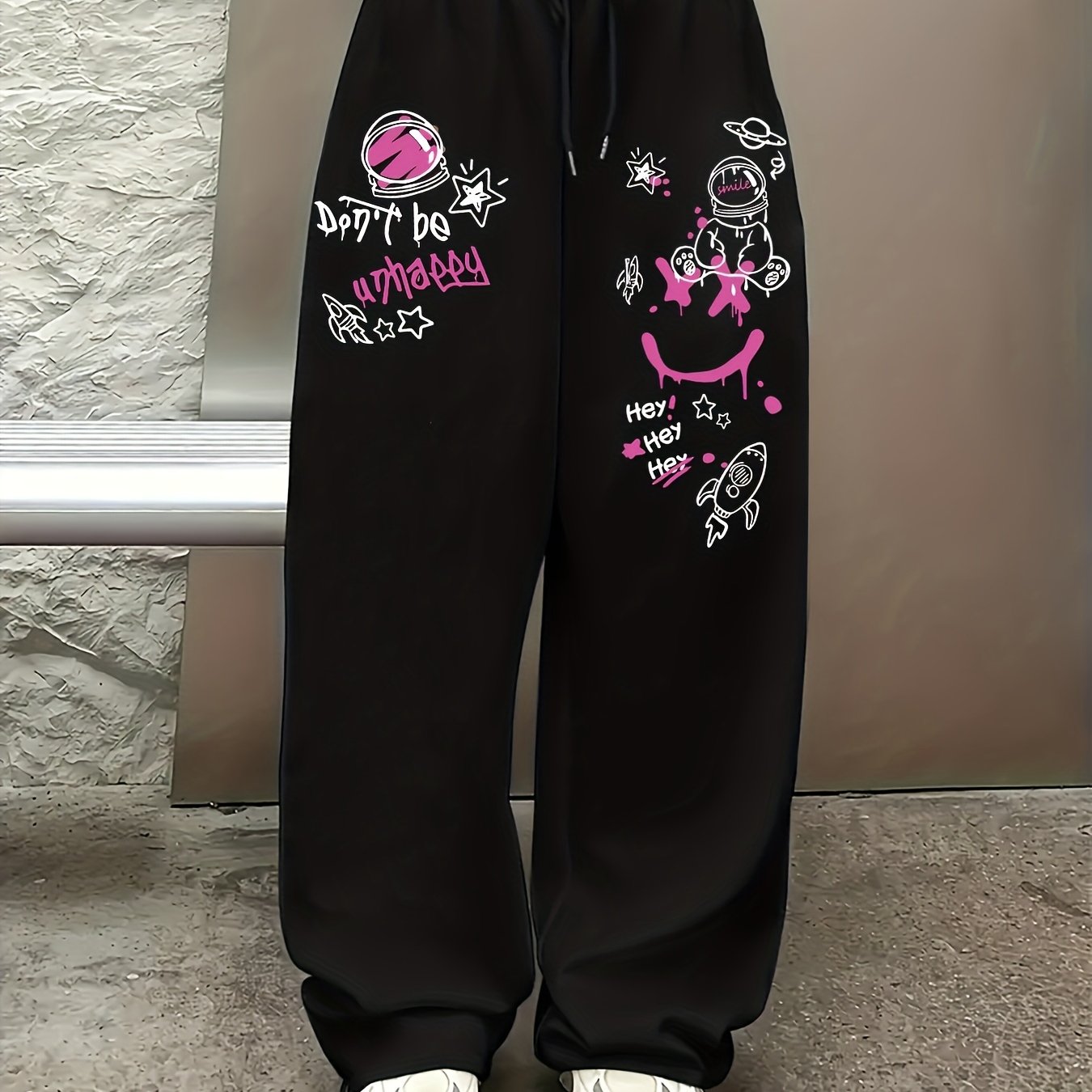TEMU Pantalon à cordon de serrage et imprimé graffiti, style décontracté hip-hop