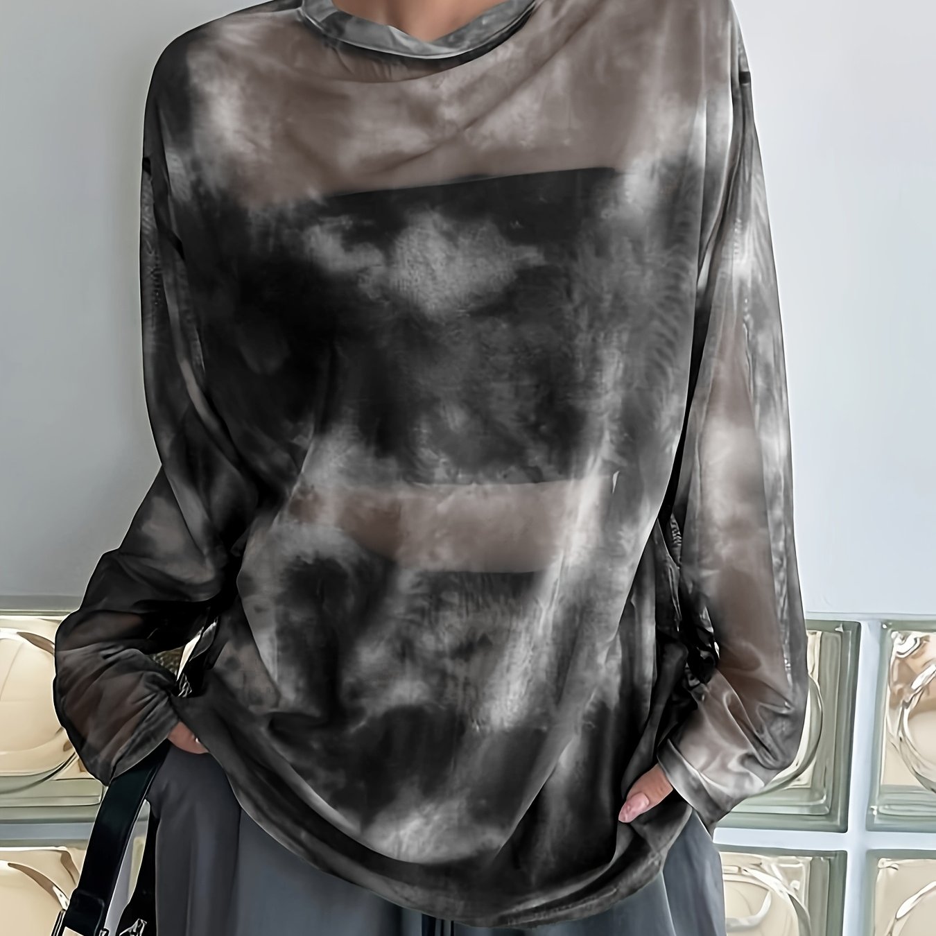 E-shop Y2K-Stil Tie-Dye Gradient Langarmshirt – Atmungsaktives Mesh-Gewebe, Mittlere Dehnbarkeit, Maschinenwaschbar für Frühling/Sommer Casual &