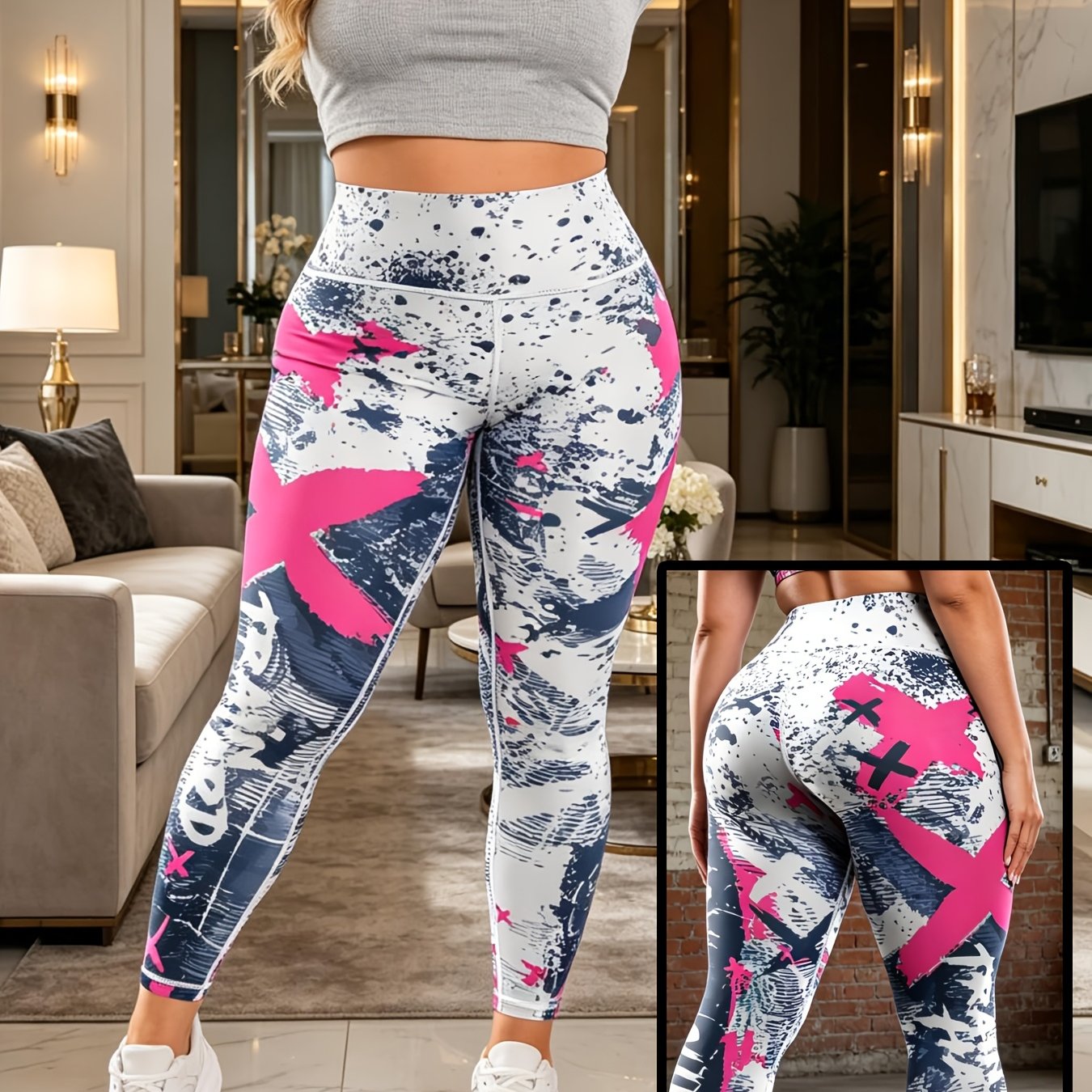 Plus Size, Fashionable Women's Color-block Graffiti Print Leggings, Comfortable With Elastic Waistband, Versatile Casual Swear For Spring And Autumn