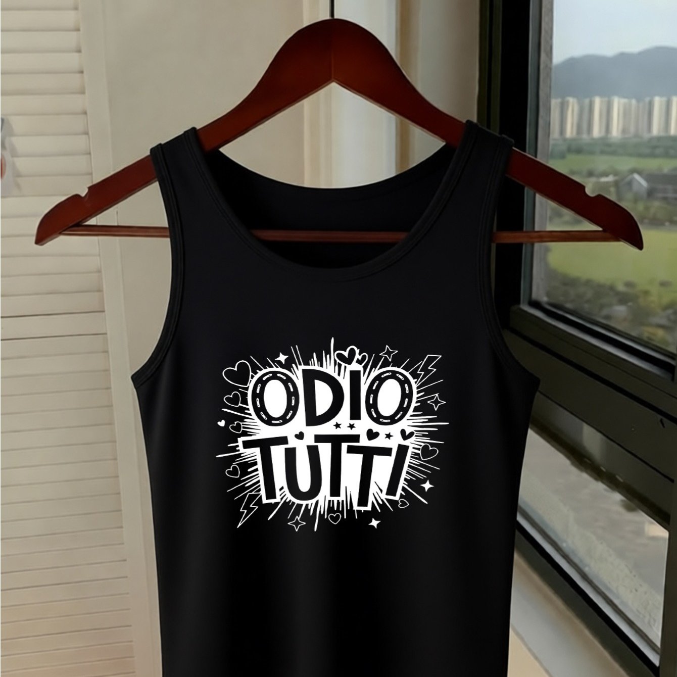 TEMU Women's Italian " Tutti" Print Sleeveless T-shirt - Soft Round Neck Vest Top With "i Hate Everyone" Back, Machine Washable Summer Blouse Outfit