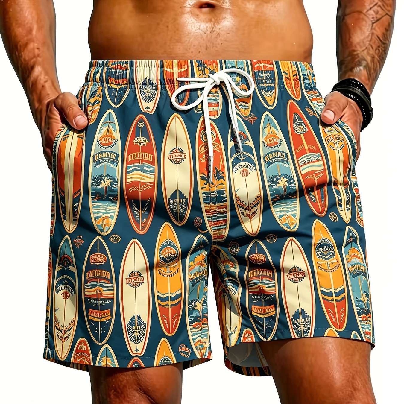 TEMU Impression numérique - Short de plage pour homme à imprimé planche de surf, pantalon de sport décontracté mi-longueur au genou, short de bain