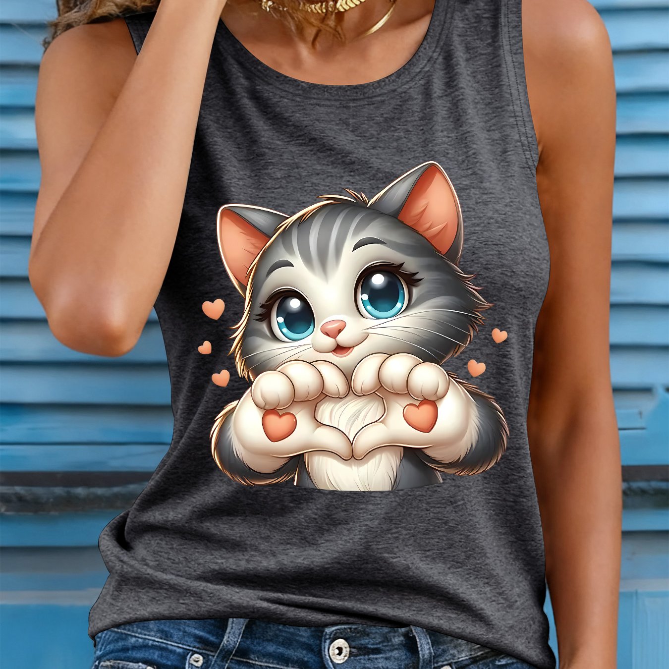 TEMU Round Neck Sleeveless Summer Tank Top With A Cat Print, A Lovely And Casual Top For The Summer