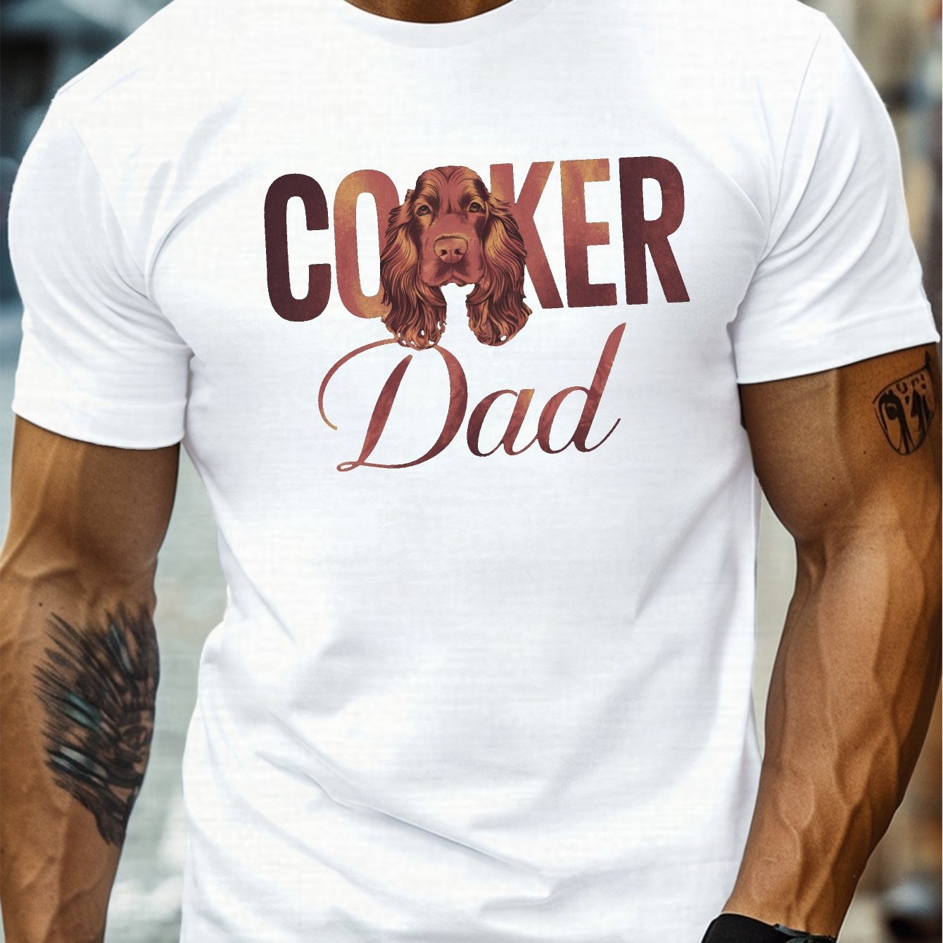 TEMU Spaniel Face Illustration Print, Men's Round Crew Neck Short Sleeve Tee, Casual T-shirtcasual Comfy Lightweight Top For Summer