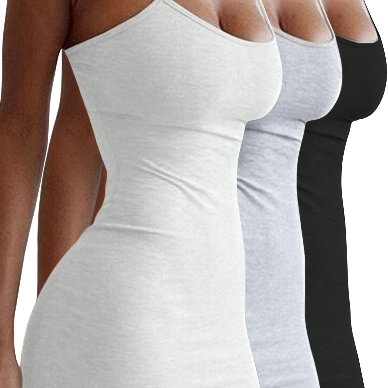 Spring/summer 3pcs Casual Base Layer Set, Simple And Elegant, In Black, White, And Gray, For Daily Wear, Suitable For Shopping, Dating, Parties, And Festive Spaghetti Strap Mini Dresses