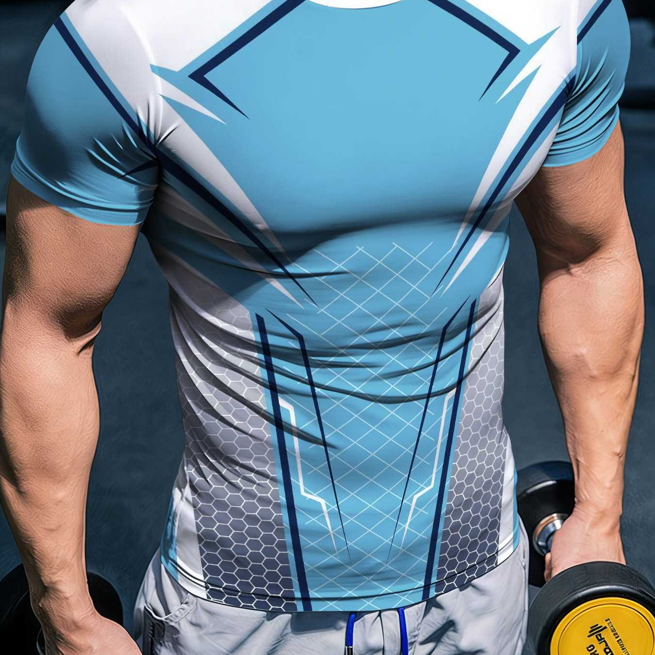 TEMU Men's Quick-dry High-stretch T-shirt - Body-hugging Fit Short Sleeve Crew Neck Gym Shirt With Original Geometric Gradient Print, Suitable For