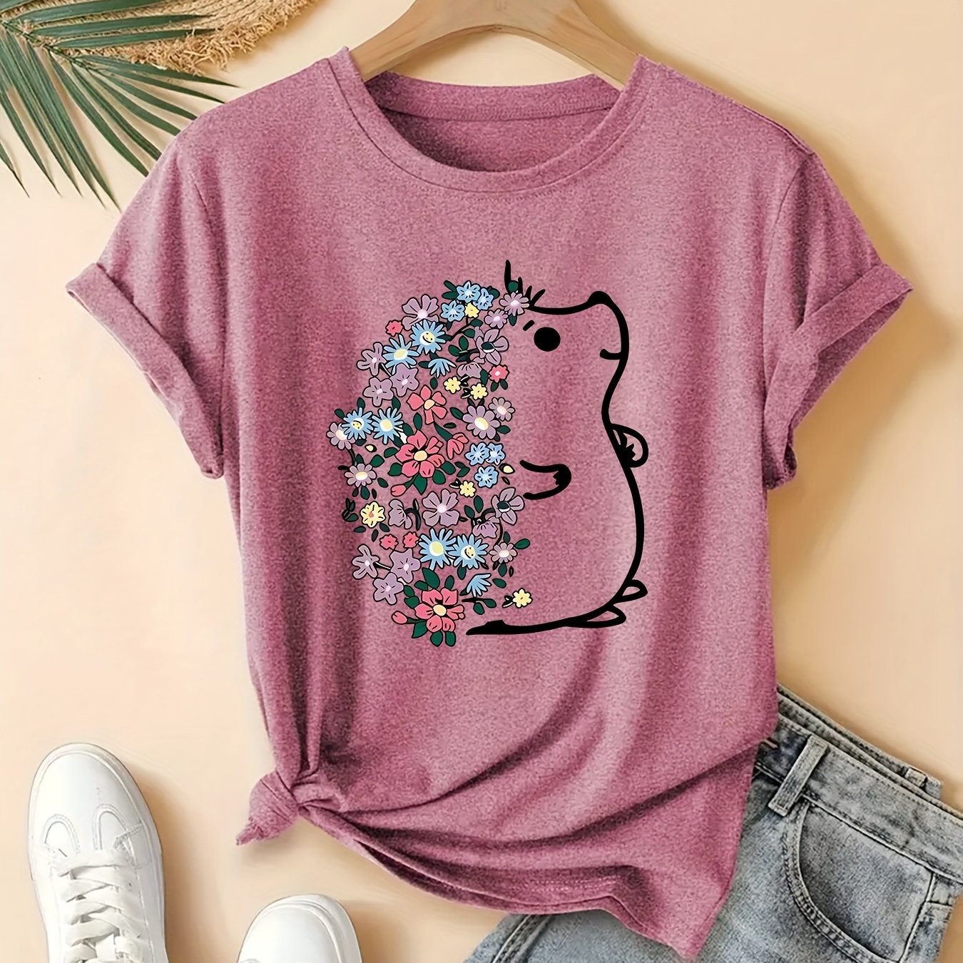 TEMU Plus Size Women's Casual Short Sleeve T-shirt - Cute Hedgehog & Colorful Floral Graphic Print, Round Neck, Breathable Medium Stretch Fabric,