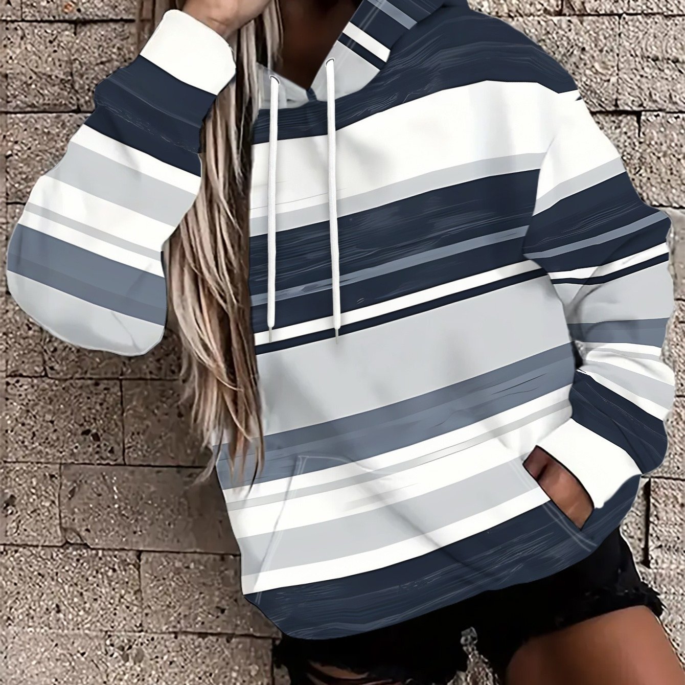 TEMU Stylish Sweatshirt Features A Print Of Multiple Sets Of In , White, And Light Gray, Making It A Versatile Long-sleeve Pullover Machine Washable