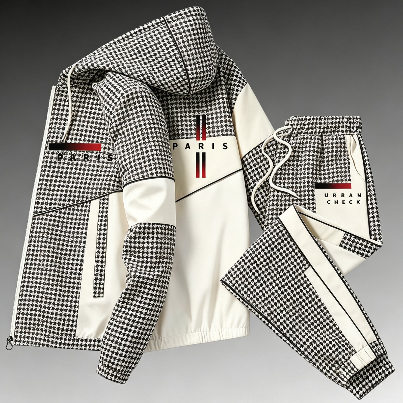 2pcs Set! 2026 New Casual And Stylish Sporty Hooded Jacket And Sweatpants Set | Suitable For Men And Women, Fashionable And Versatile, Suitable For Occasions, Geometric-patterned, Stretch Fabric