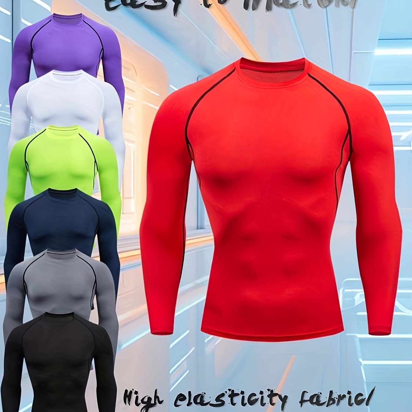 Image of Men's Colorful Fashion Long-sleeve Tight-fitting High-elasticity Outdoor Running Basketball Fitness Training Quick- Layer T-shirt With A Round Neck For
