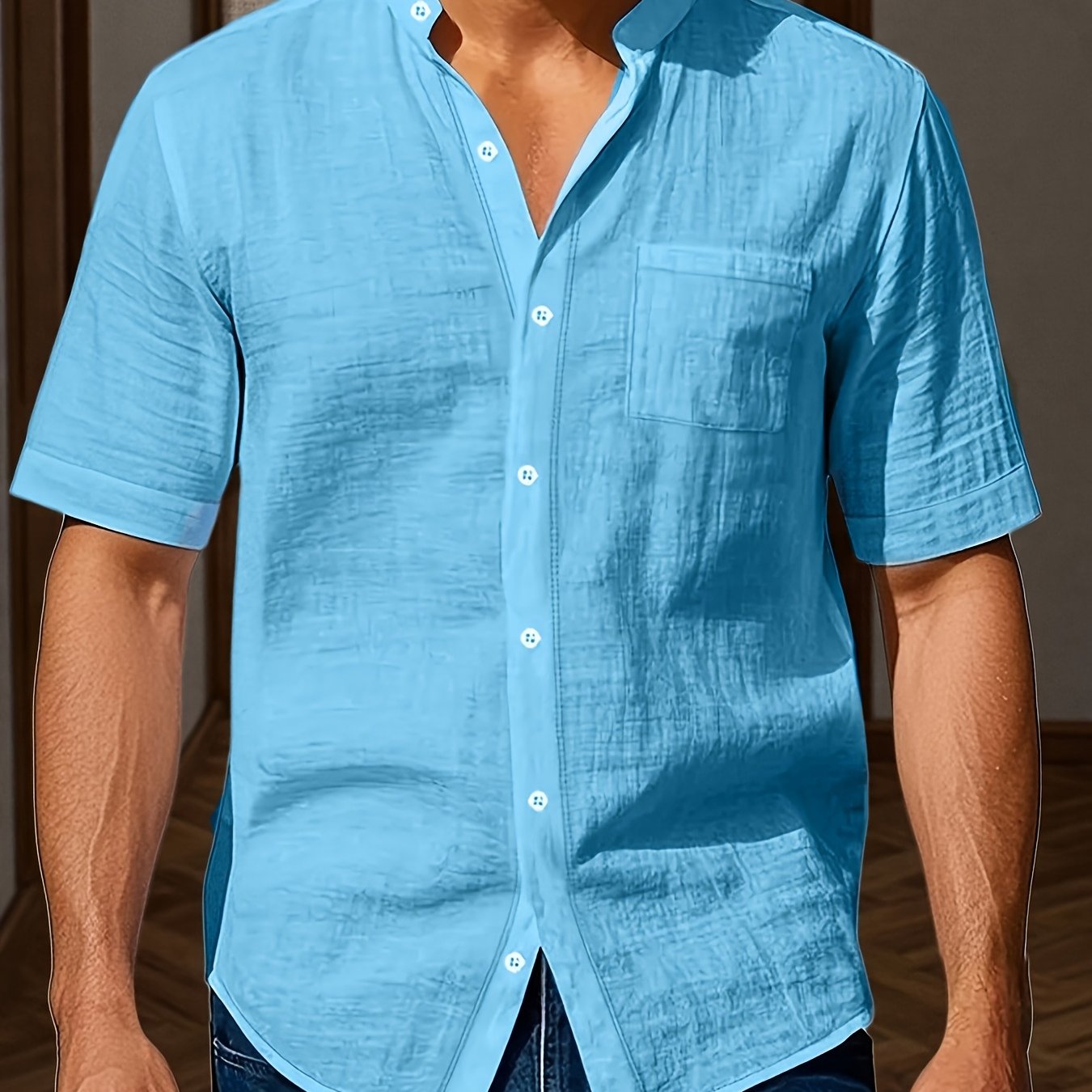E-shop Europäische und amerikanische Herren dünne lässige Kurzarmshirts für die Sommermode im Freien, kleine Stehkragen-Strickjacken, atmungsaktive