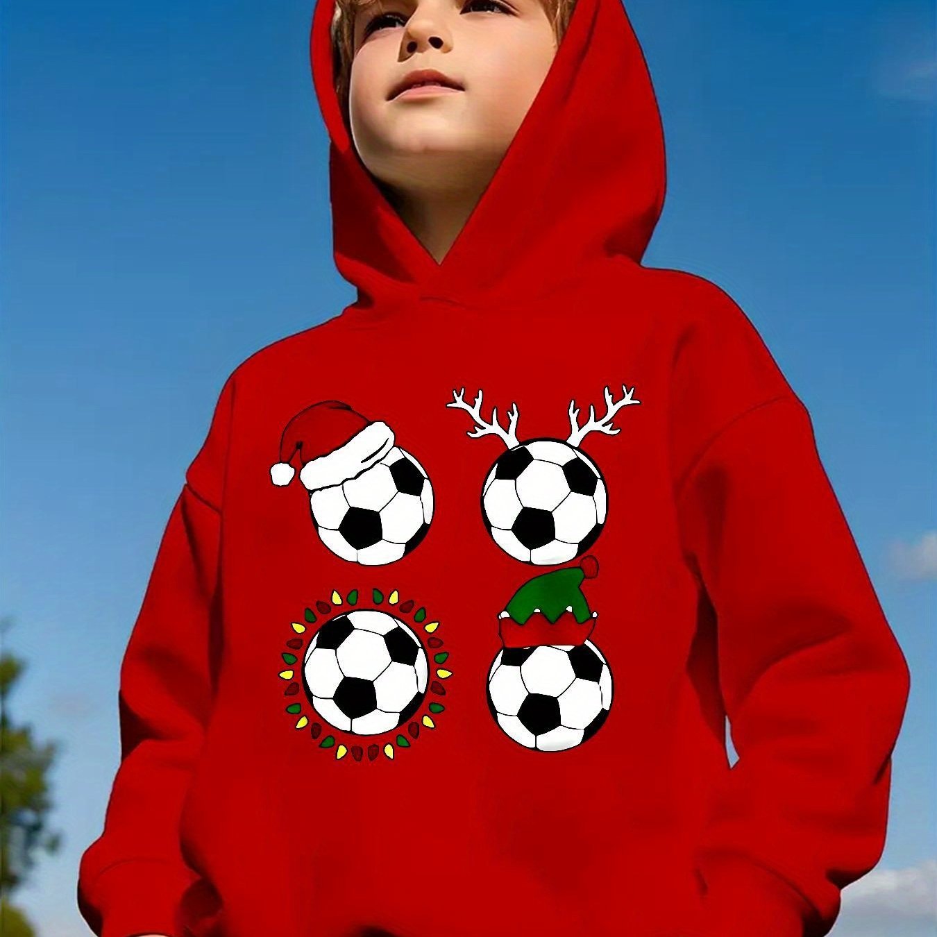 TEMU Boys' Black Christmas Soccer Sweater With Footballs, Holly & Santa Print - Soft Stretchy Pullover Hooded Sweatshirt, Machine Washable For