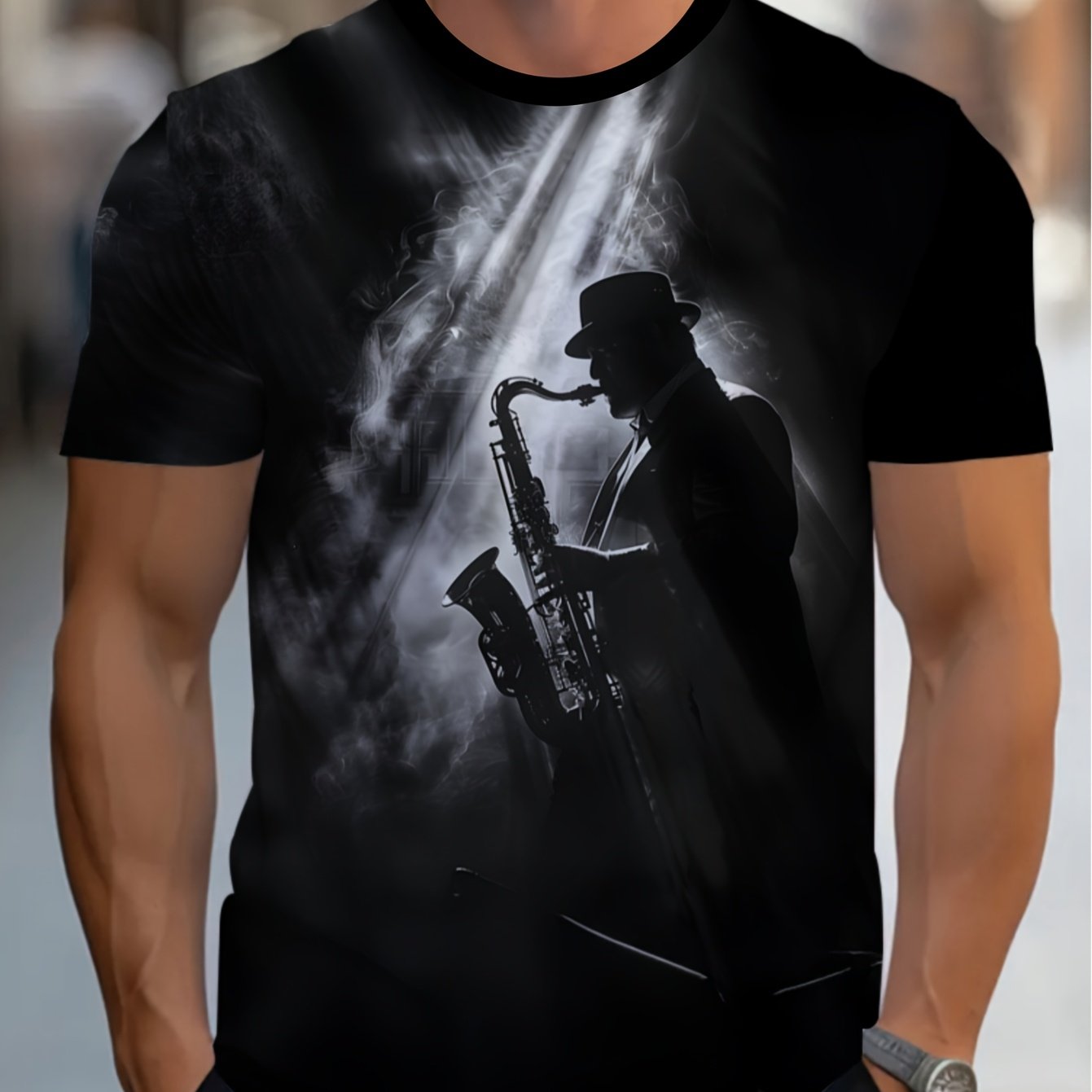 TEMU Men's Jazz Saxophone Graphic T-shirt - Lightweight Short-sleeve Round Neck Tee With Saxist, Machine Washable Casual Shirt Suitable For