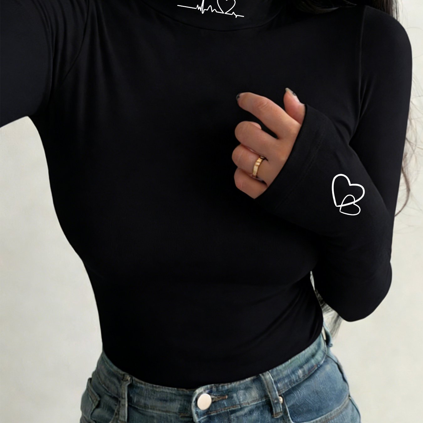 TEMU Women's High Neck Slim Fit T-shirt - Thermal Base Layer Top With Heartbeat Line & Heart Print, Stretch Suitable For , Machine Washable Layering