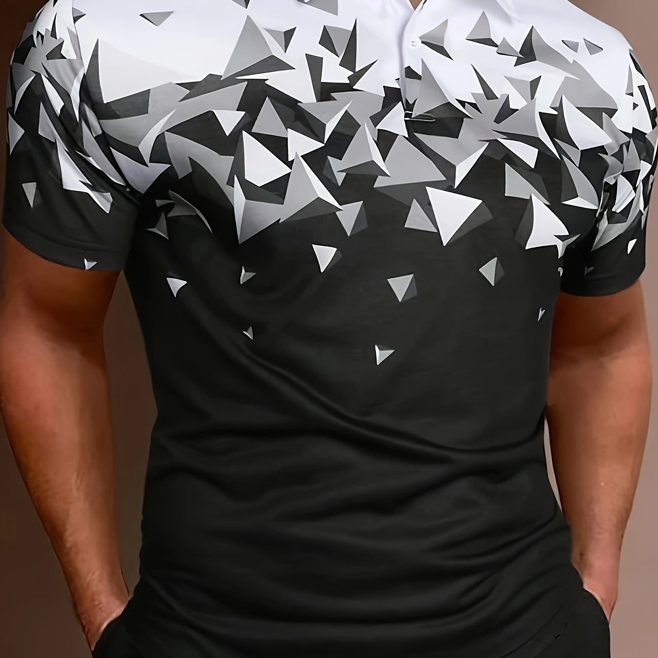 Image of Color Block Geometric Pattern Men's Short Sleeve Lapel Golf Shirt, Summer Outdoor Sports