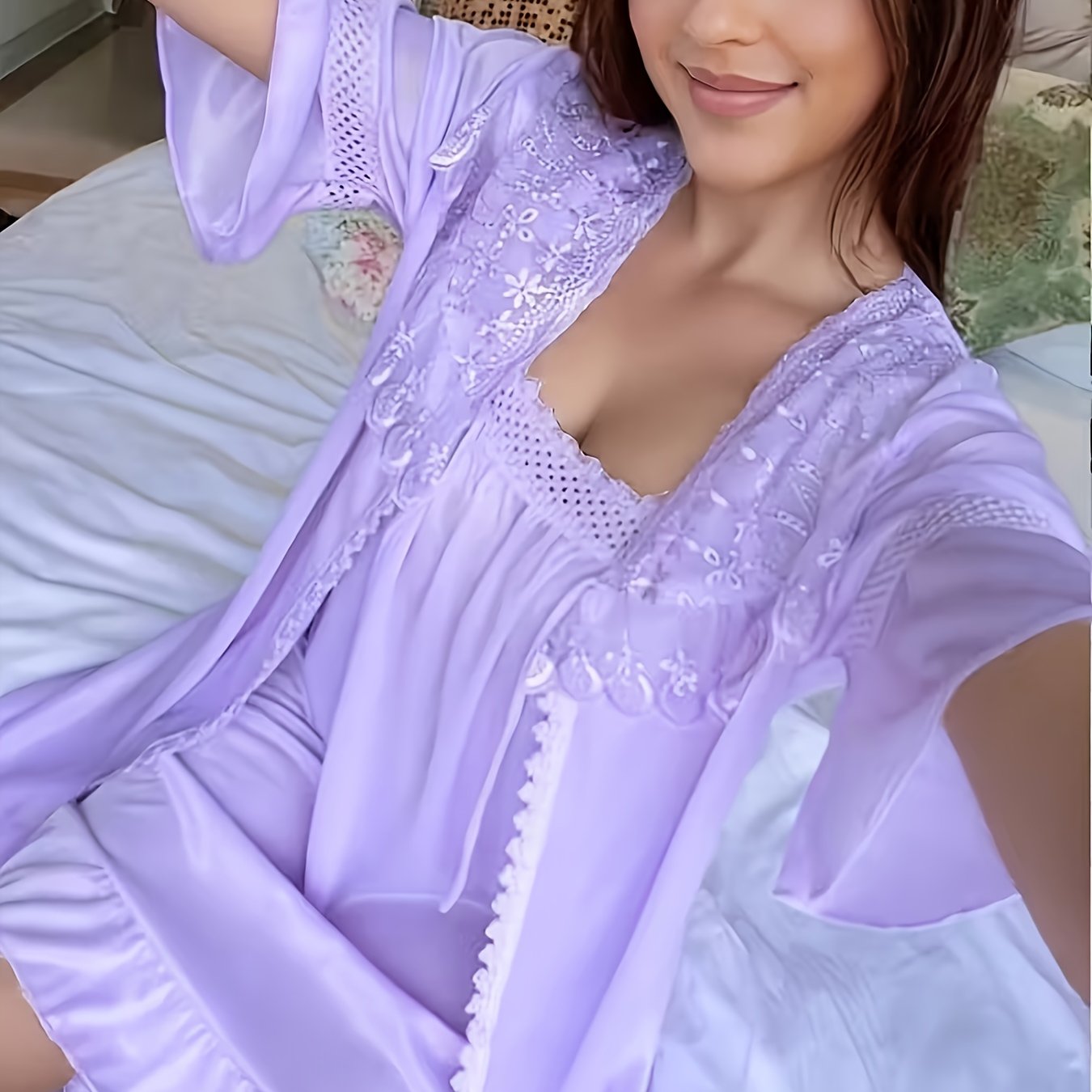 TEMU Long Lace Robe Two-piece Set Y Satin Fabric Kimono Style Ruffle And Delicate Lace Trim Is Flowing And Elegant Ideal For Daily Use Or As A Gift
